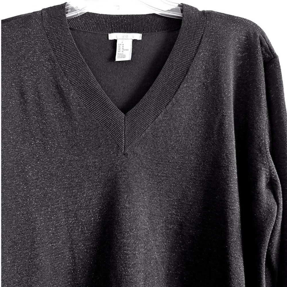 H&M Shimmer V-Neck Sweater Womens Size M Navy Blue Metallic Sparkle Knit Party - Picture 3 of 6